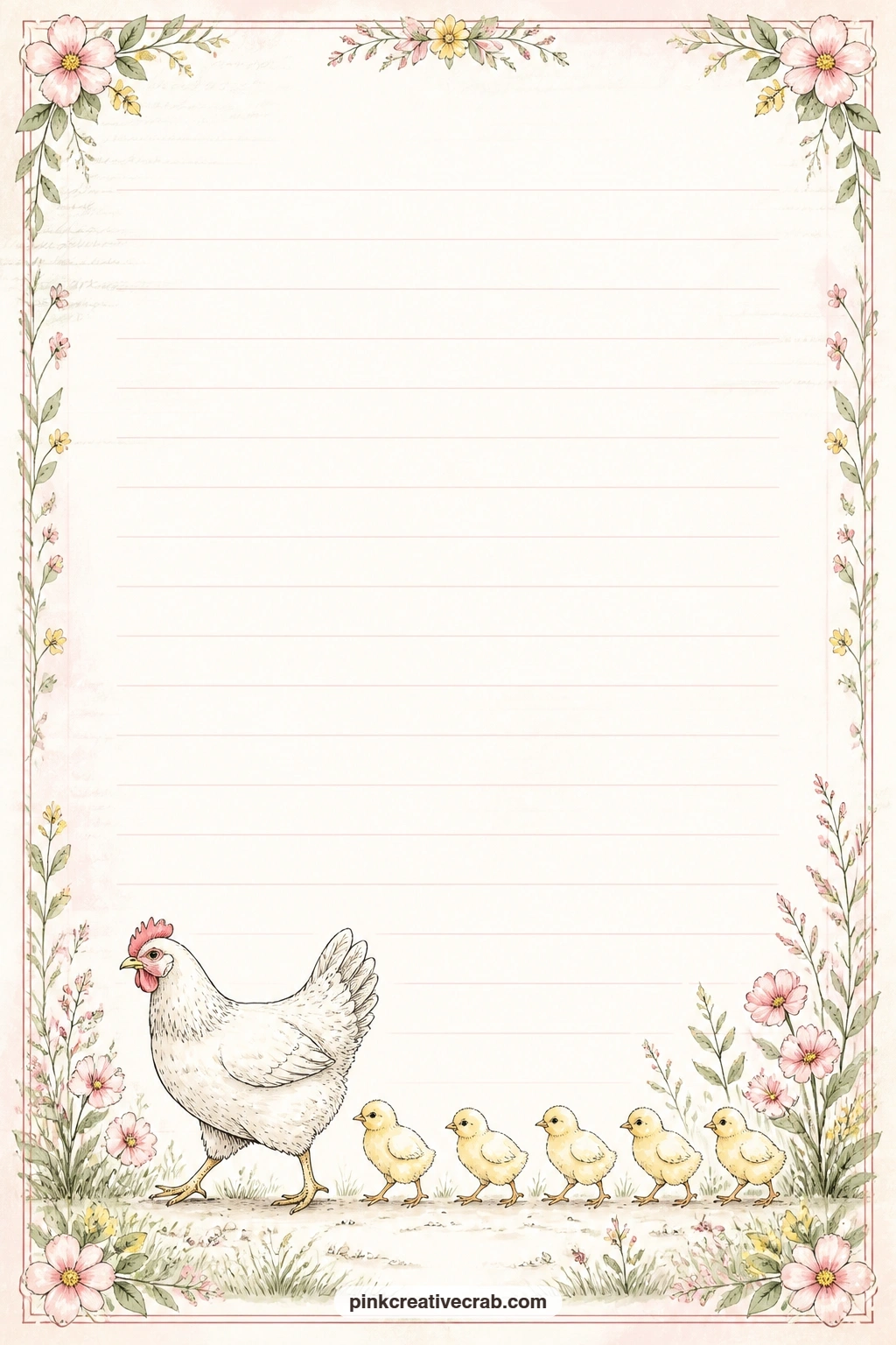 Hen And Chicks Bottom Border Lined Page printable page — A hen and her chicks walk along the bottom edge of the page under faint ruled lines. Chicken junk