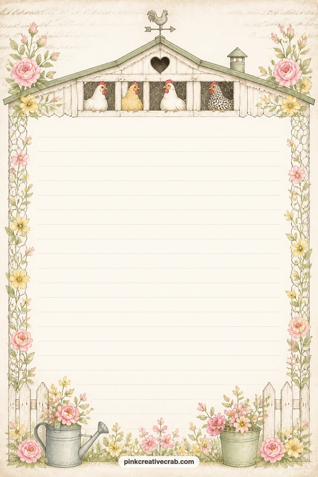 Chicken Coop Roofline Header Lined Page printable page — A small coop roofline runs along the top of the page as a header above the ruled lines. Chicken junk