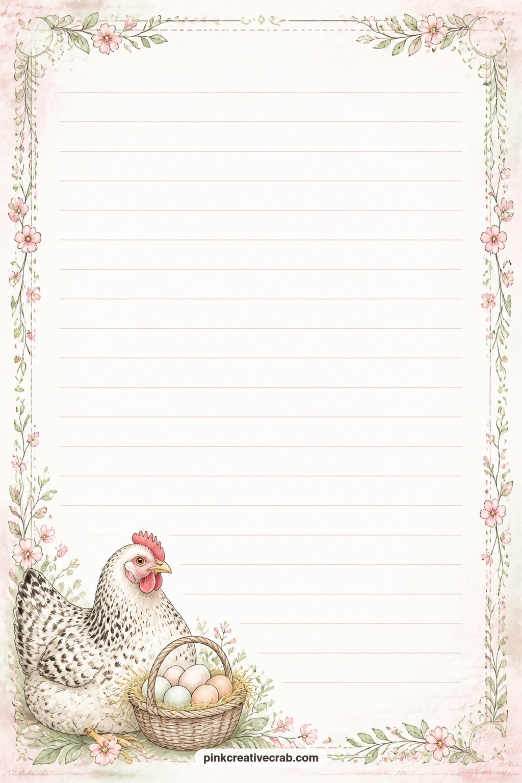 Speckled Hen And Egg Basket Corner Lined Page printable page — A speckled hen rests beside a small egg basket tucked into one corner of the page, with faint