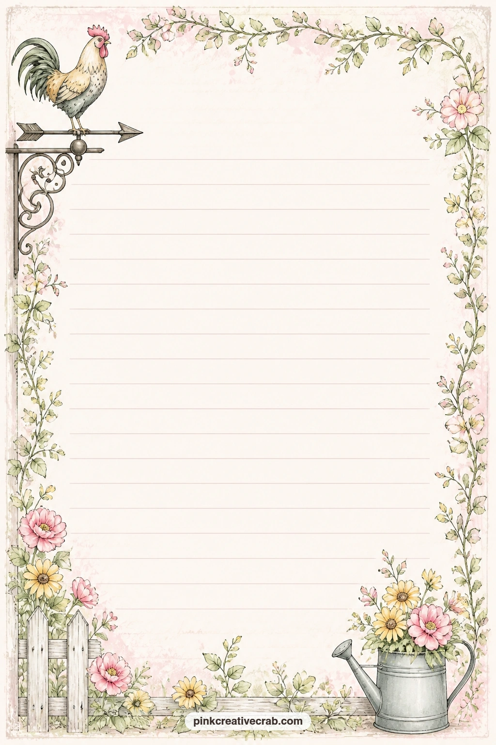 Rooster Weathervane Chicken Lined Page printable page — A small rooster weathervane sits in the corner as a quiet frame motif above faint ruled lines. Chicken