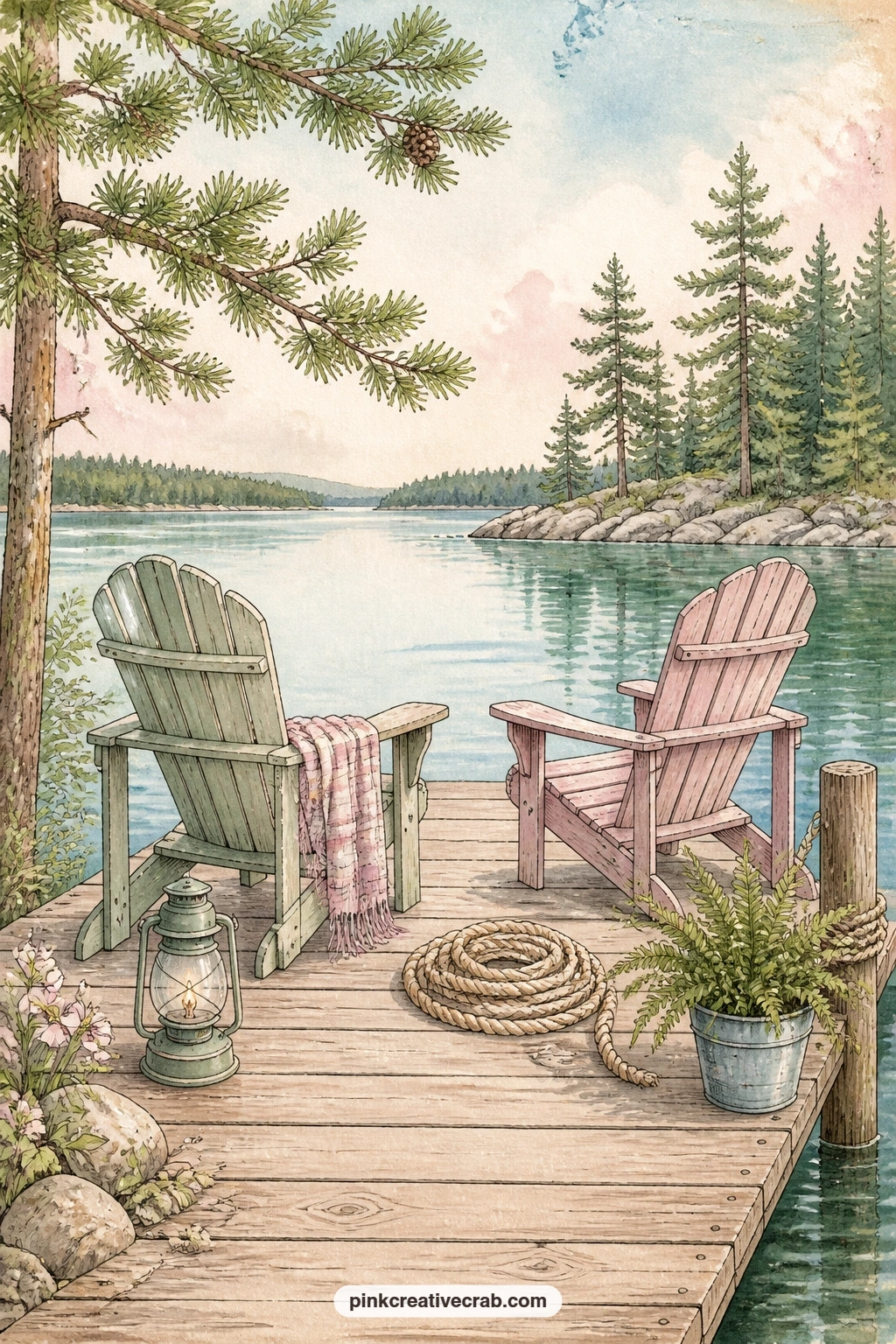 Dock With Adirondack Chairs printable page — Two Adirondack chairs face a calm lake from the end of a wooden dock, waiting for coffee cups and quiet mornings.