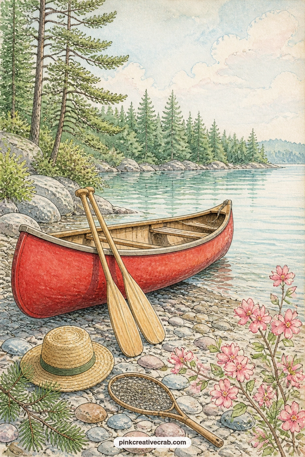 Red Canoe On Pebble Shore printable page — Pair this page with the tiny canoes and paddles pattern further back in the set, using the pattern as a pocket liner