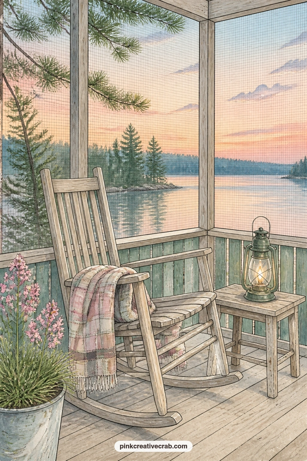 Screened Porch At Dusk printable page — The usual mistake with a porch page like this is cramming in too much furniture and losing the cozy feel, so keep it to