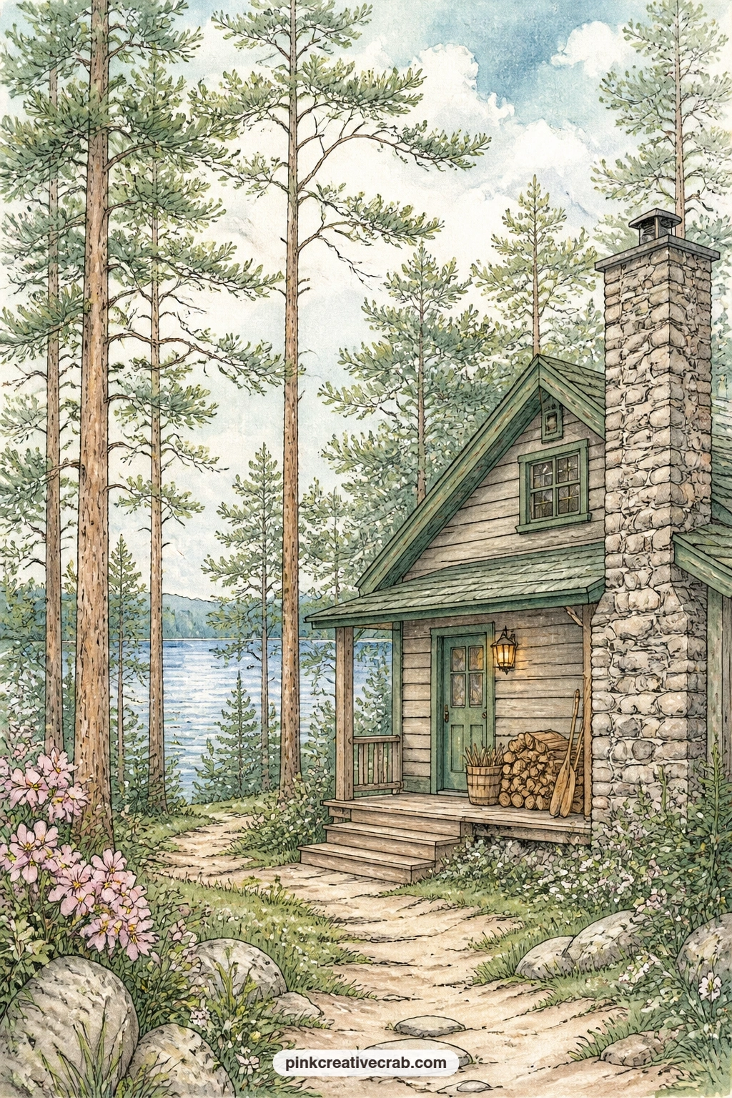 Lake Cabin Among Pines printable page — A small stone chimney sends a thread of smoke up through tall pine trees, the whole cabin tucked into the quiet green