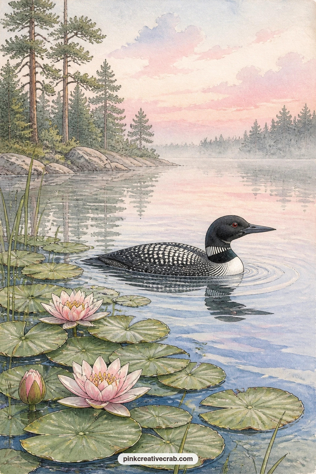Loon Among Lily Pads printable page — Glue in a ticket stub, a pressed leaf or a short note about an early morning on the water right beside this page, leaving