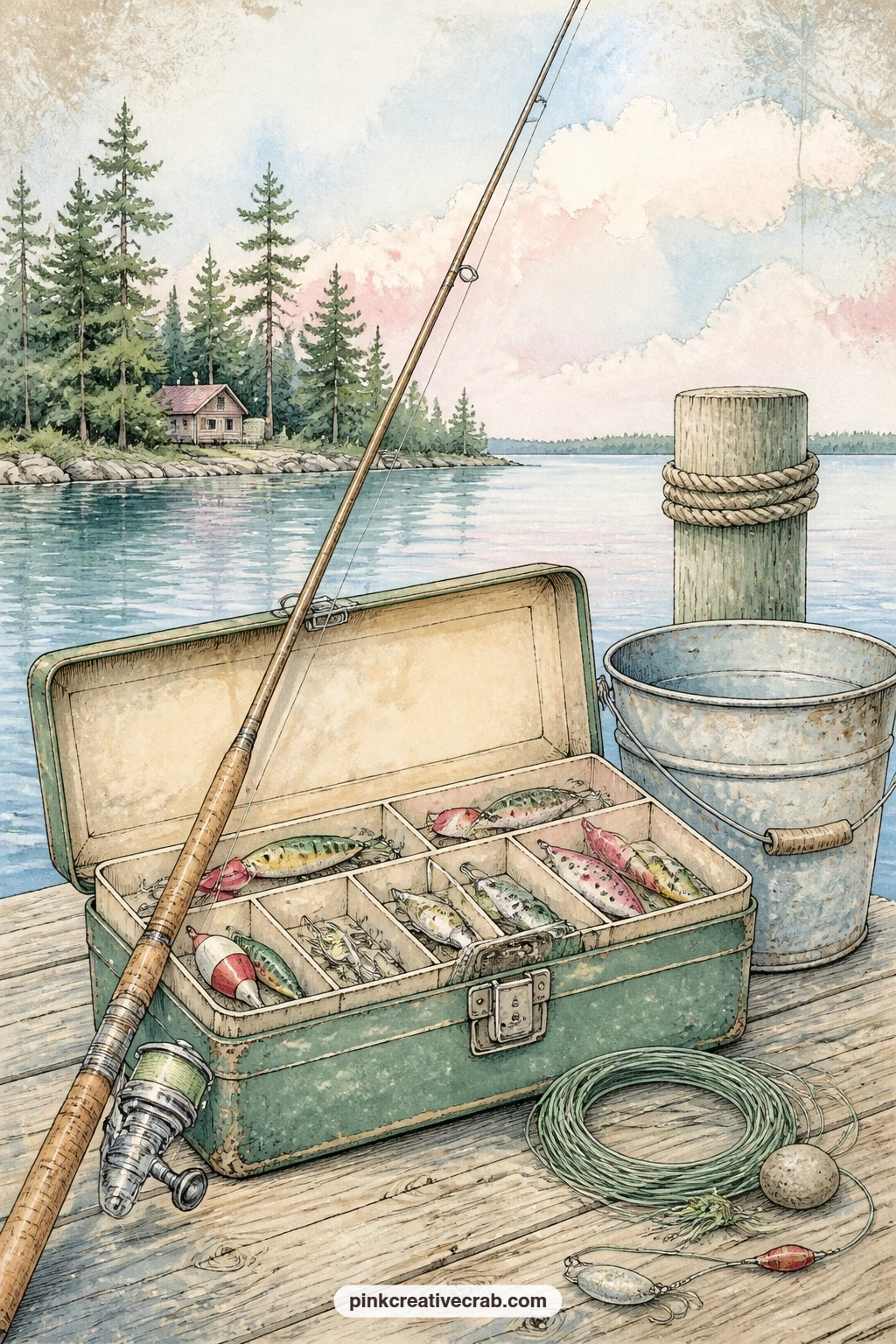 Fishing Rod And Tackle Box printable page — A fishing rod leans against an open tackle box with a metal bucket beside it, the whole small still life sitting