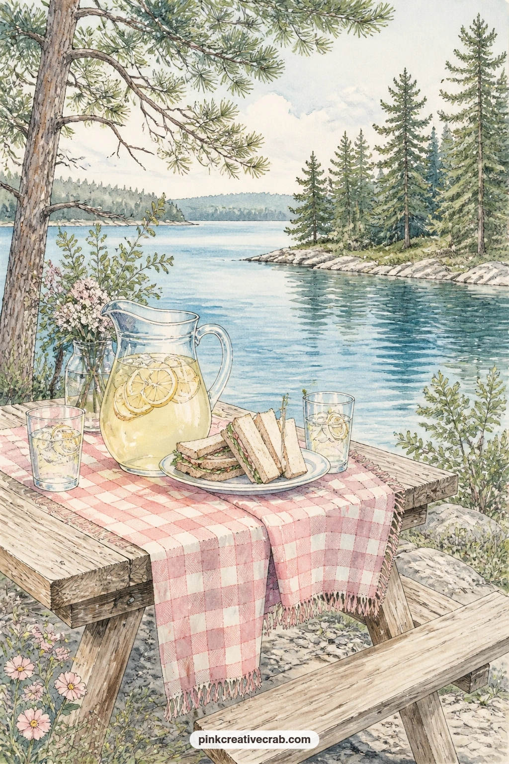 Picnic Table By The Lake printable page — This page suits the entry written for a whole family gathering, a cousin's visit or a long afternoon with friends