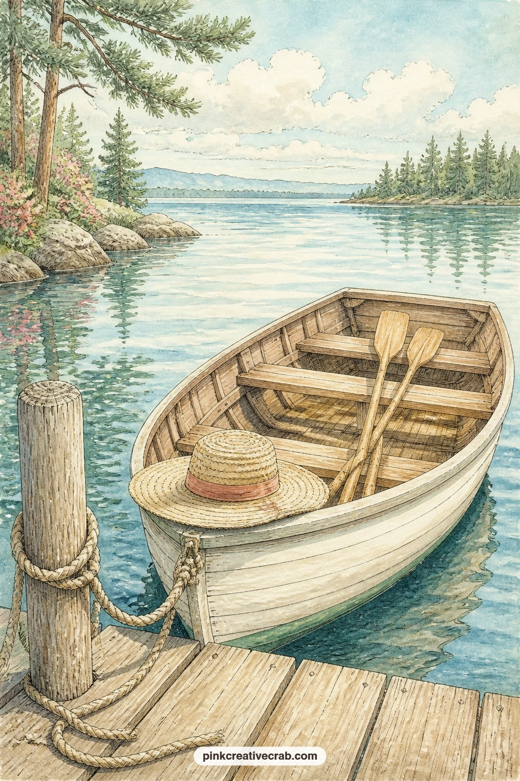 Rowboat Tied To The Dock printable page — Try the five minute version of this page by sketching just the rowboat and the oars first, then come back later to