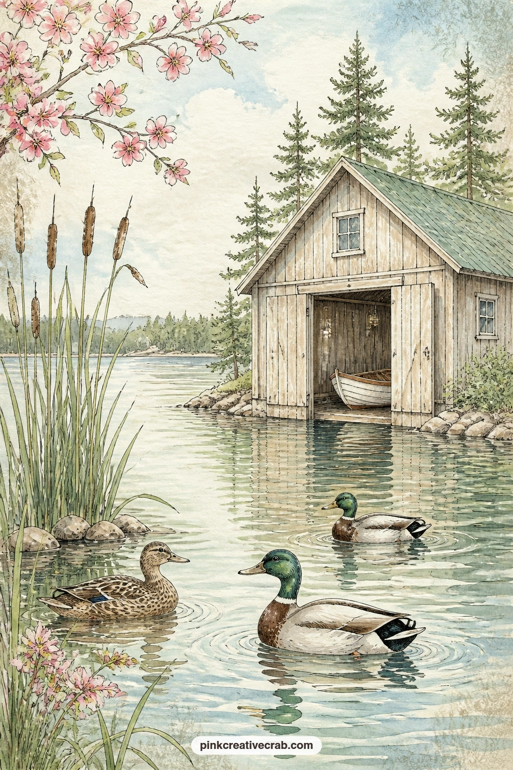 Ducks Near The Boathouse printable page — A small family of ducks paddles past a patch of reeds with a weathered wooden boathouse standing just behind them on