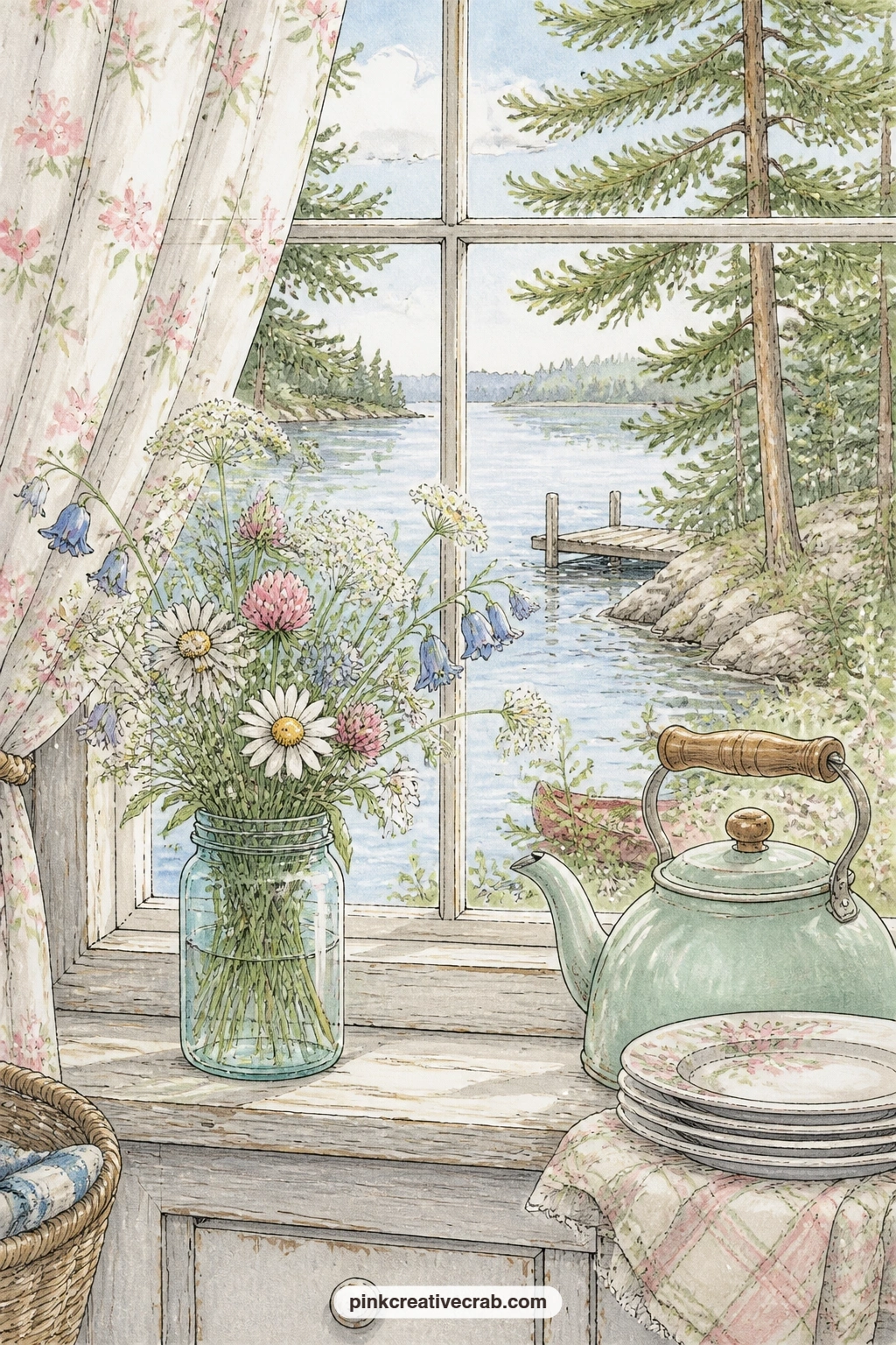 Lake House Kitchen Window printable page — Pin this page next to the porch table scene later in the set so the kitchen window and the blueberry pie sit across