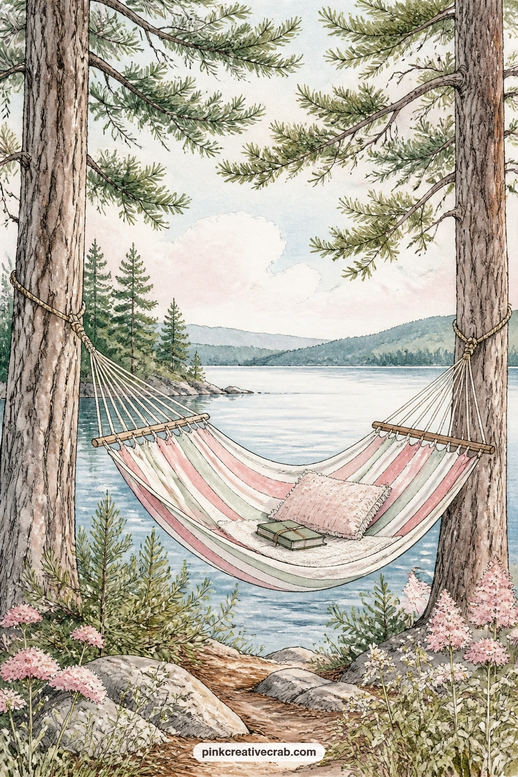 Hammock Between Pines printable page — A hammock strung between two pines sways gently over a view of the lake, a striped pillow tucked into one end for
