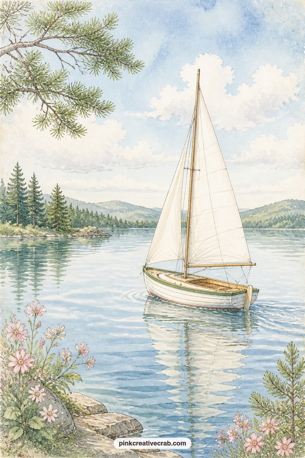 Sailboat On A Sunny Lake printable page — A single sailboat drifts across open water with distant hills rolling along the horizon, its sail catching just