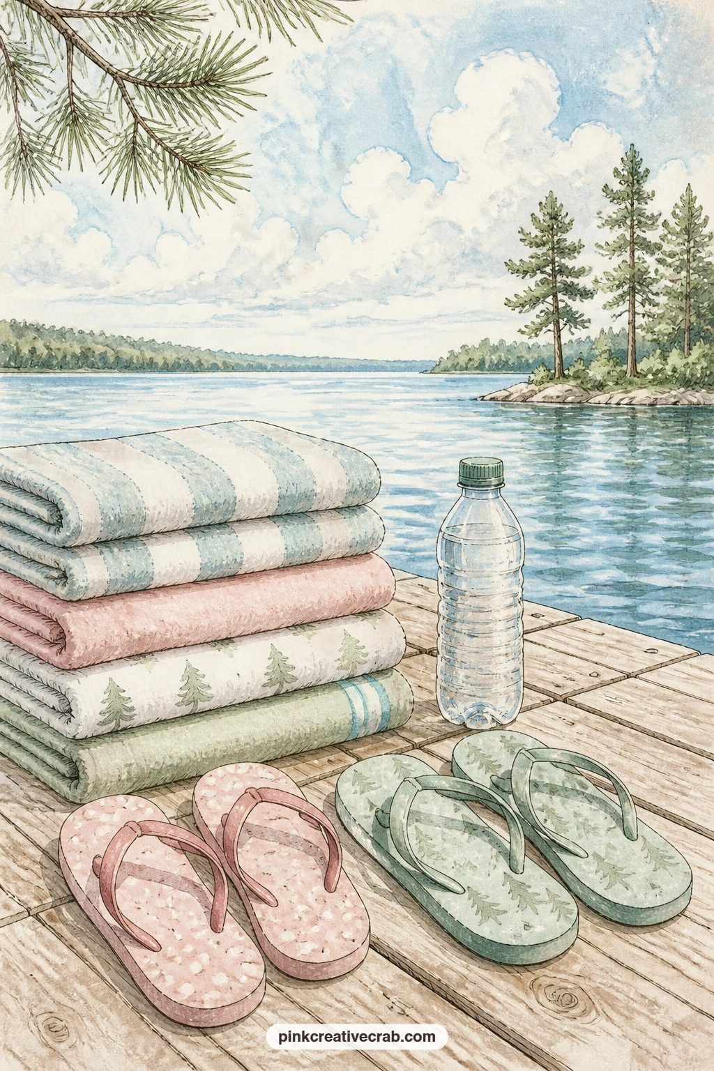 Towels And Flip Flops On Dock printable page — Ask yourself what the last swim of the summer felt like, then write a line or two of that answer right beside