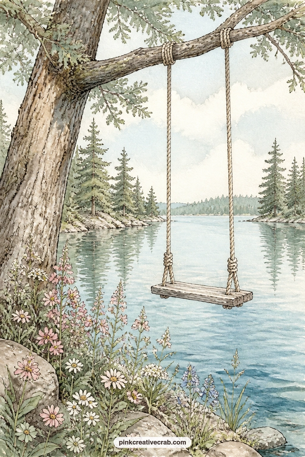 Rope Swing By The Water printable page — Tear the edge of this page gently before gluing it in, the way the rope itself has worn soft over the years, so the