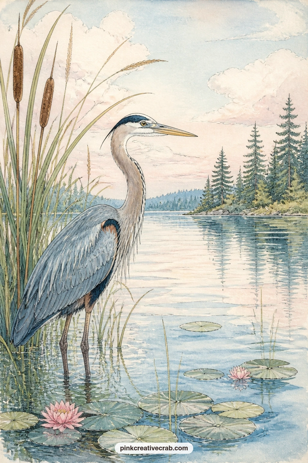 Heron In The Shallows printable page — A heron stands still among the cattails and reeds at the water's edge, its long legs barely rippling the shallow lake