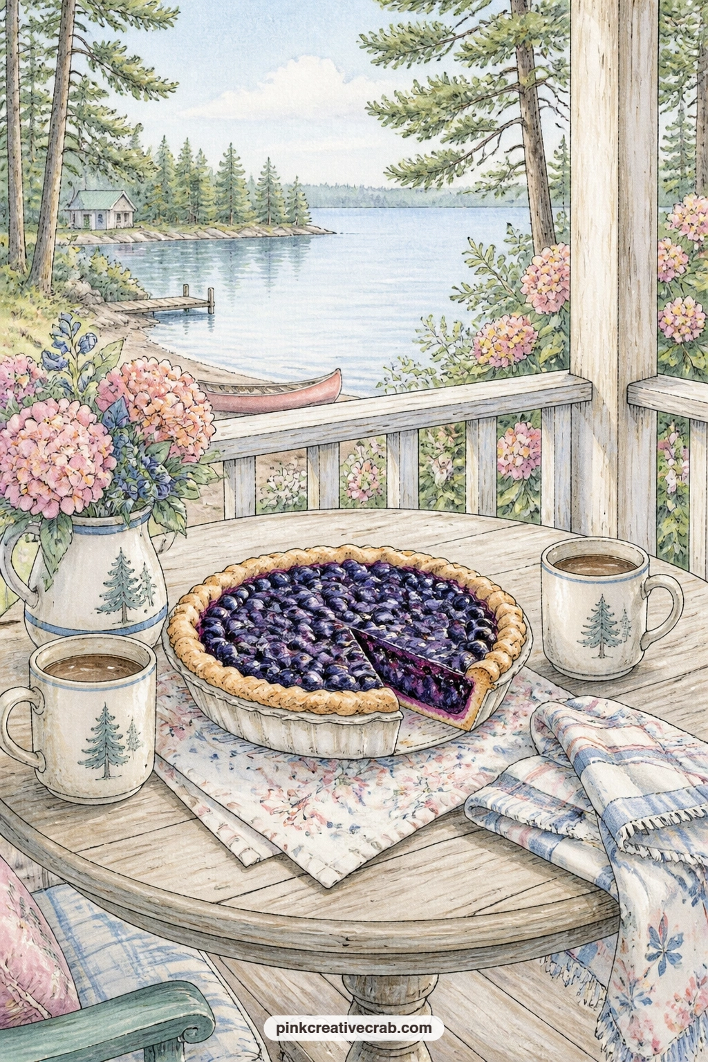 Porch Table With Blueberry Pie printable page — A slice of blueberry pie sits beside two coffee mugs on a small porch table, steam still rising while the lake