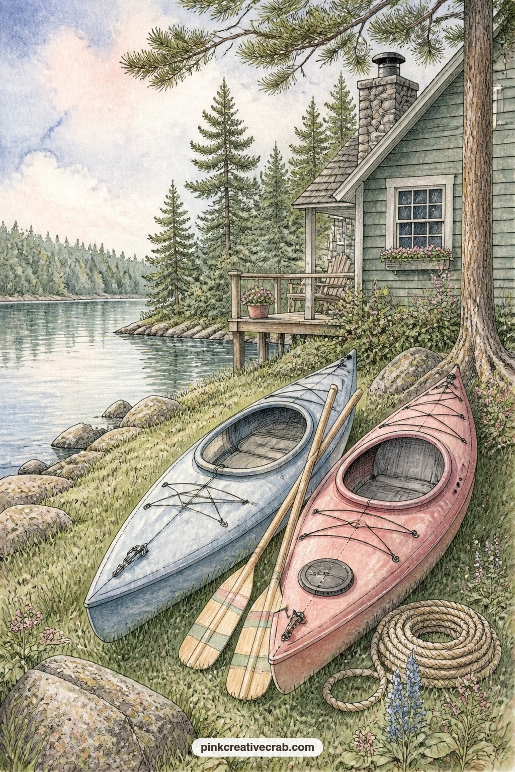 Kayaks On A Grassy Bank printable page — For a lighter version of this page, paint just the two kayaks and the grassy bank first, then add the cabin and the
