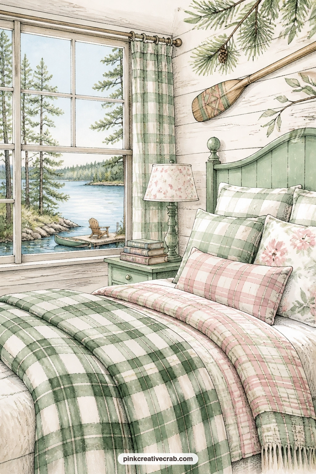 Lake House Bedroom printable page — This page suits a grandmother filling a journal for a grandchild's first summer at the lake, the plaid blankets and the