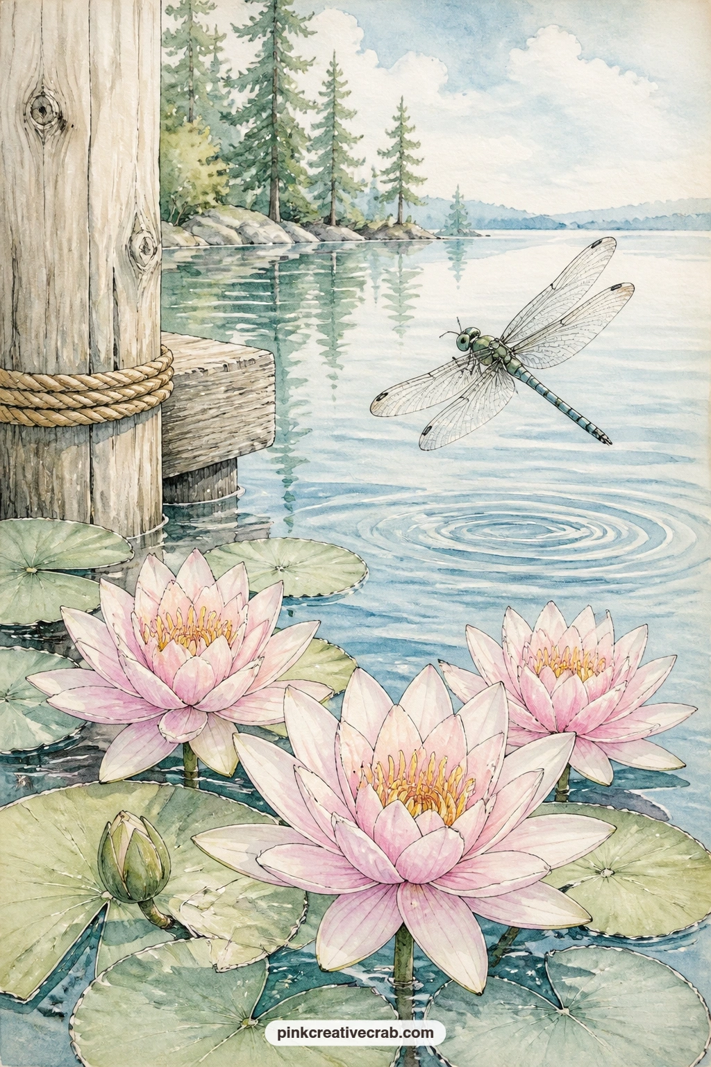Dragonfly Over Water Lilies printable page — A dragonfly hovers just above a cluster of water lilies near the dock, its wings catching the light over the still