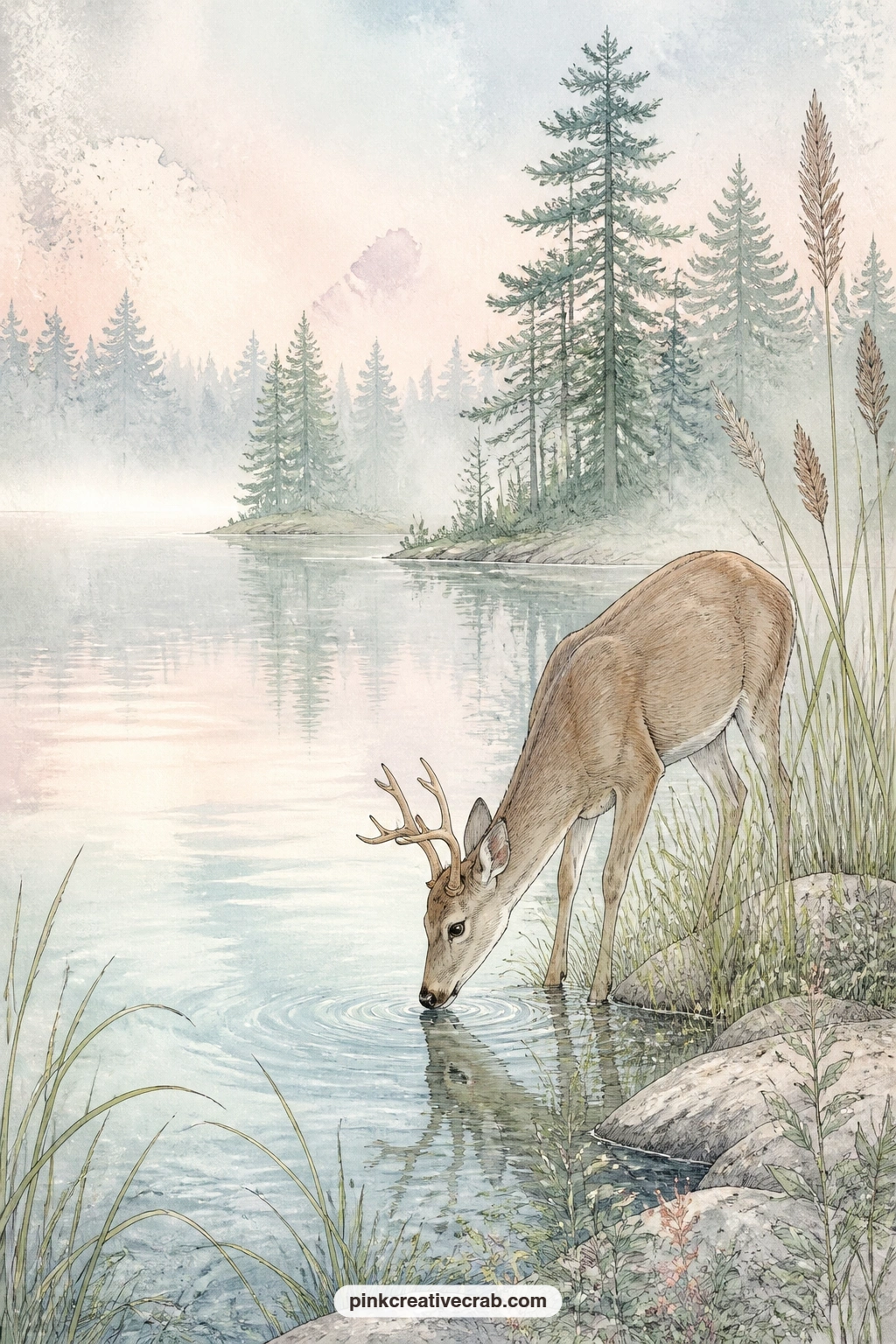 Deer At The Misty Lake Edge printable page — A deer lowers its head to drink at the misty lake edge in the early morning, the whole shoreline still soft with