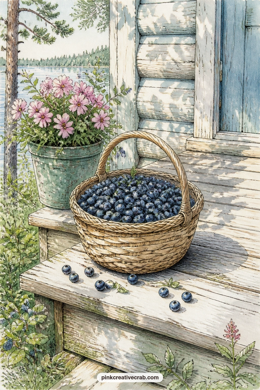 Blueberries On A Cabin Step printable page — A basket of wild blueberries sits on a weathered cabin step, a few berries spilled loose beside it where someone
