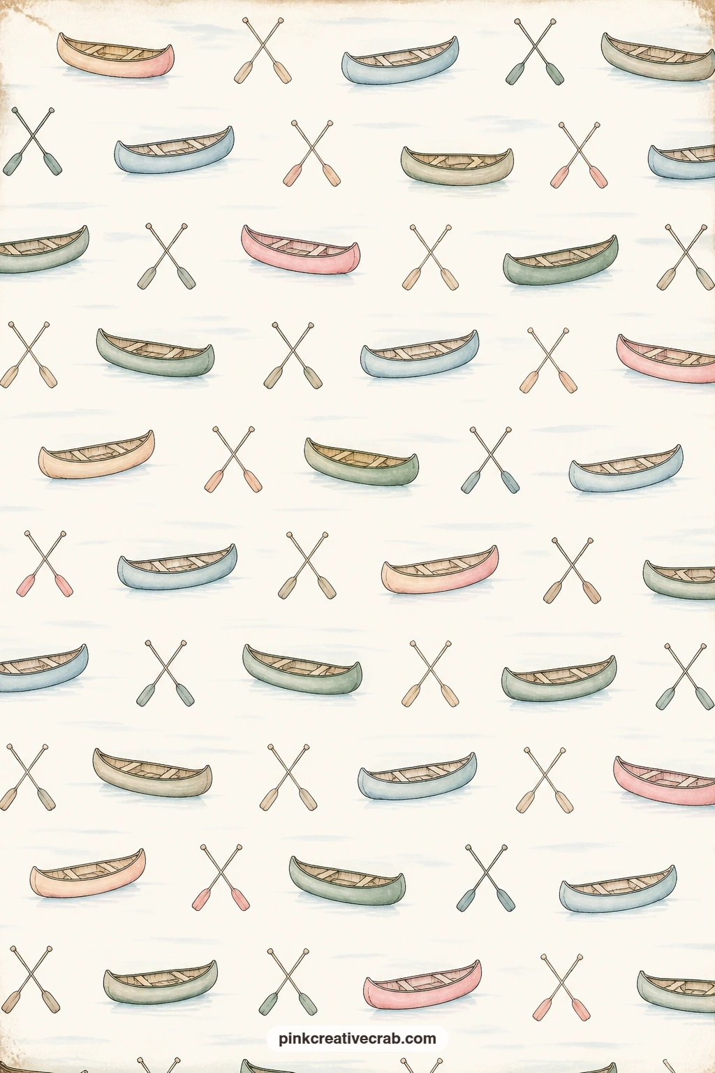 Tiny Canoes Pattern printable page — Use this scattered pattern of tiny canoes and paddles under photos of a lake trip, as a pocket lining behind the dock