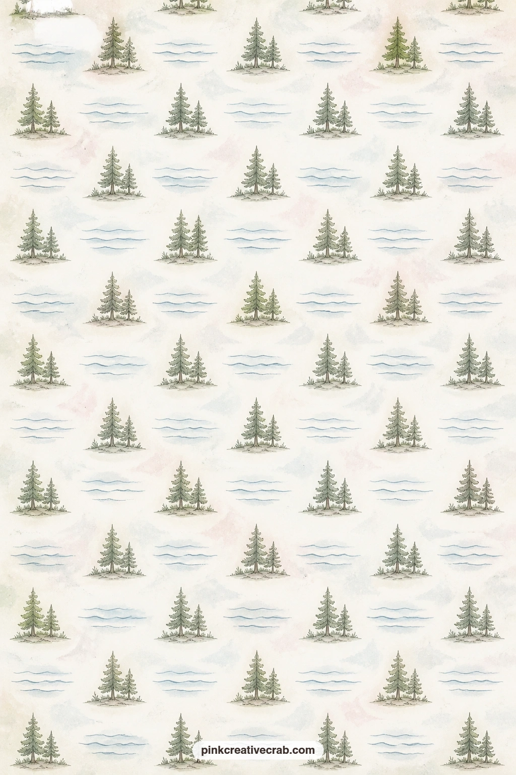 Pine And Ripples Pattern printable page — This pattern of pine trees and gentle lake ripples works well behind a cabin photo, as a wrap for a small pocket, or