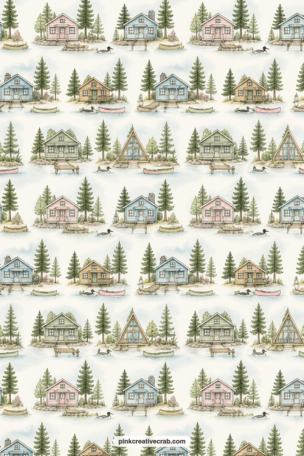Lake House Cabins Pattern printable page — Small lake cabins repeat quietly across this page, good for a journal cover, a divider between sections, or a