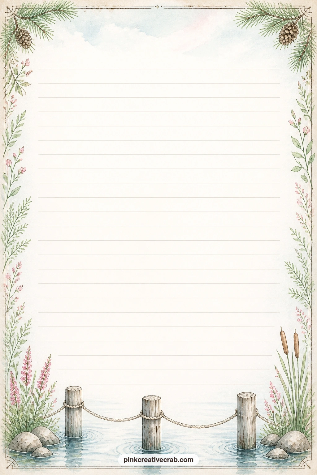 Dock Border Lined Page printable page — Write a packing list for the lake, a note to the next guest staying at the cabin, or the rules of the family dock games