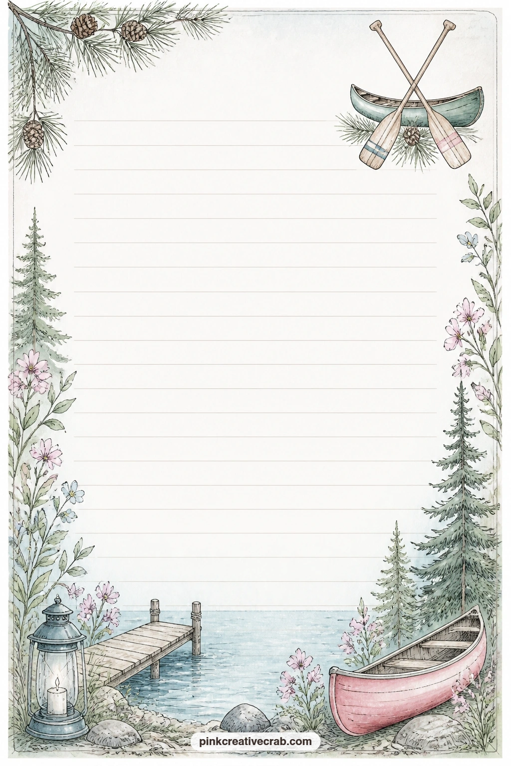 Canoe Corner Lined Page printable page — Jot down a paddling route around the lake, the names of everyone who fit in the canoe that summer, or a short letter