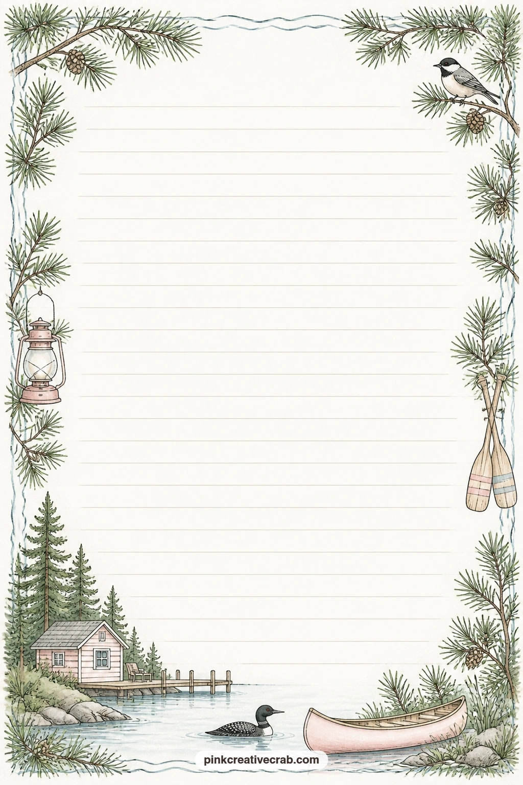 Pine And Lake Frame Lined Page printable page — Record the weather on the morning you arrived, a short poem about the pines, or a few lines about the first