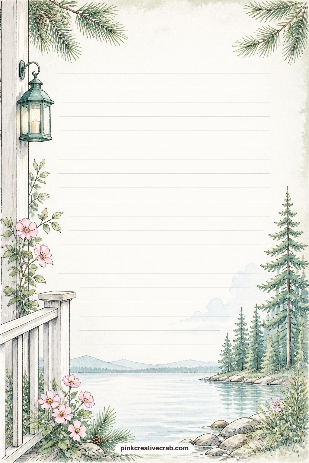 Lake House Porch Lined Page printable page — Use this page for a porch reading list, a recipe passed down for the cabin, or a note about the best chair on the