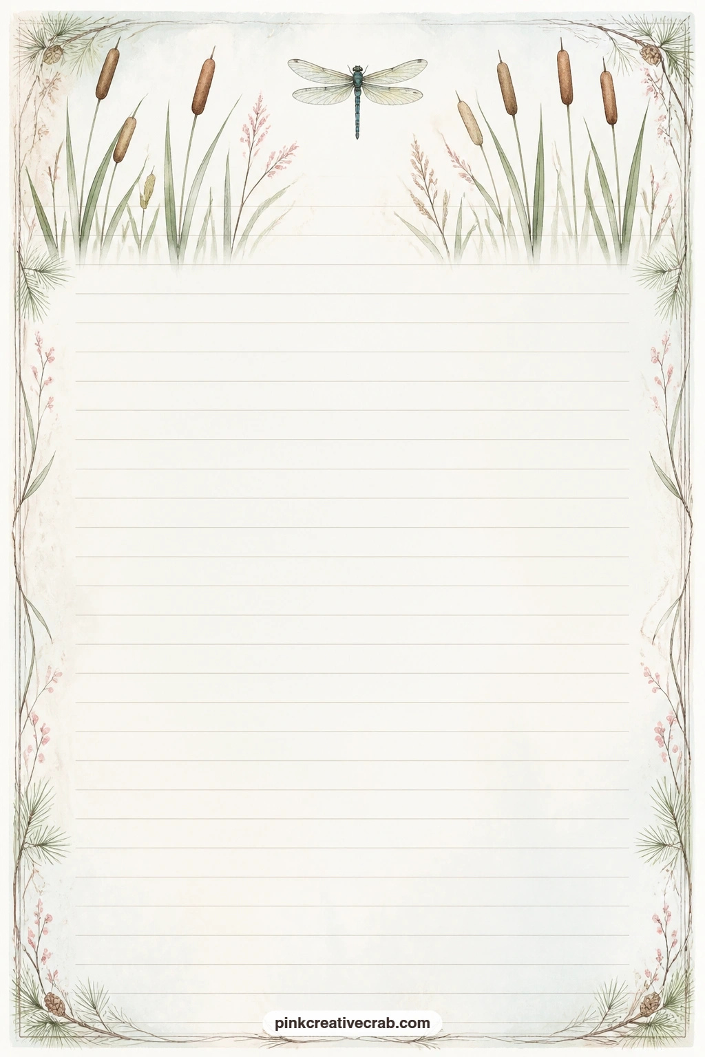 Cattail And Dragonfly Lined Page printable page — Write a nature list of everything spotted at the water's edge, a short note to next year's self, or the date