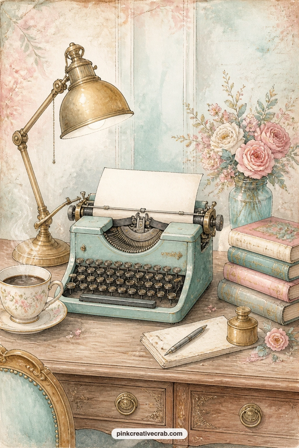 Typewriter On An Oak Desk printable page — Settle this scene right at the start of your journal, pairing it with a page of typing prompts or a line from a