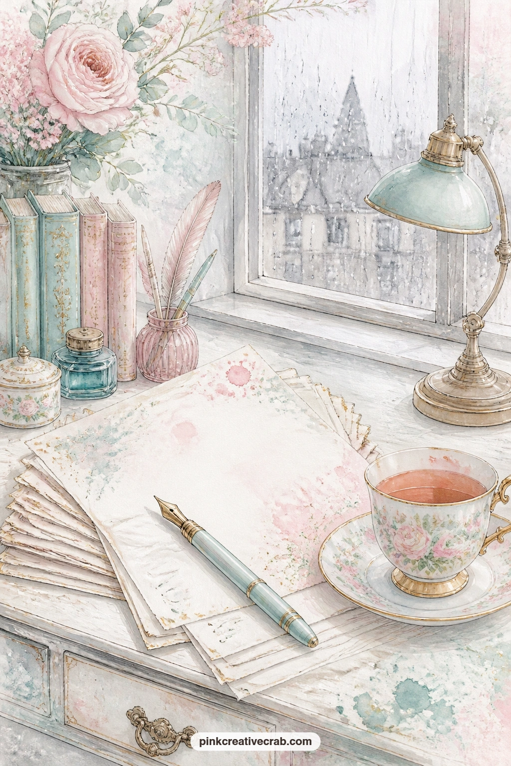 Rainy Window Writing Desk printable page — Raindrops on the glass, a teacup gone lukewarm and a leaning stack of manuscripts make this the page for a slow