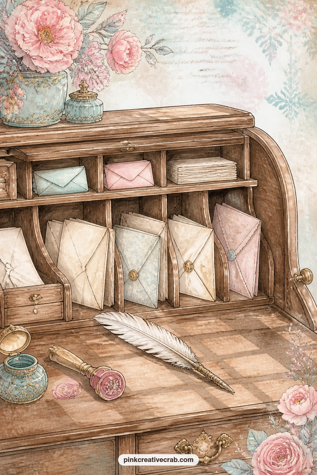 Roll Top Desk With Pigeonholes printable page — The usual mistake here is filling every pigeonhole with the same envelope shape. Writer junk journal