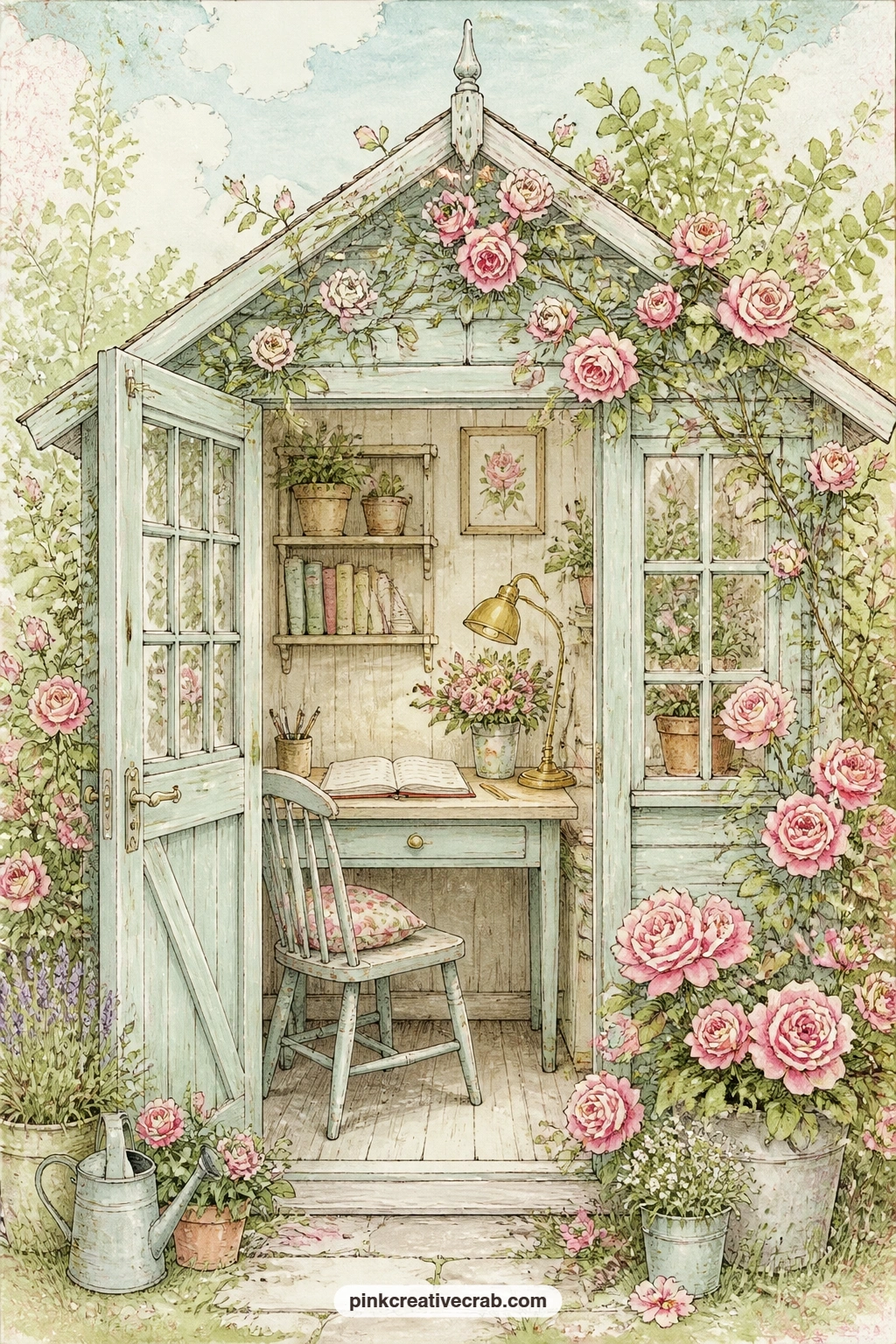 Garden Writing Shed printable page — climbing roses around the door, an open notebook on the little desk inside: what would you write out here that feels too