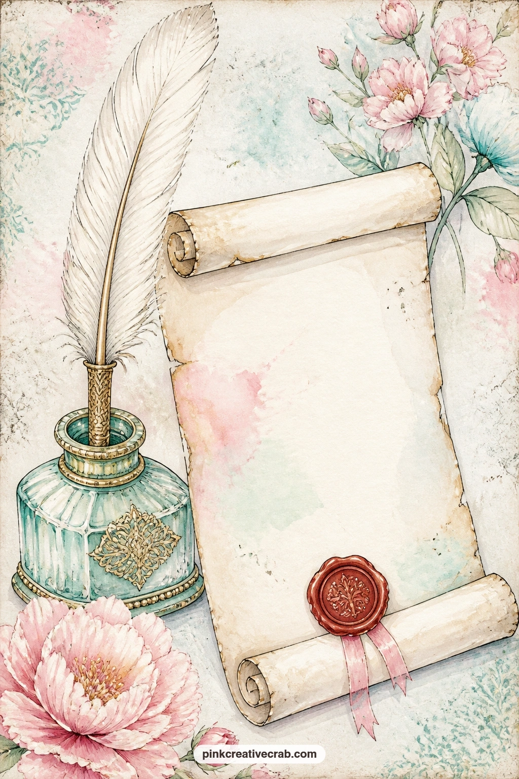 Quill And Parchment Scroll printable page — A quill resting in its ink pot beside an unrolled parchment scroll stamped with a wax seal brings an old