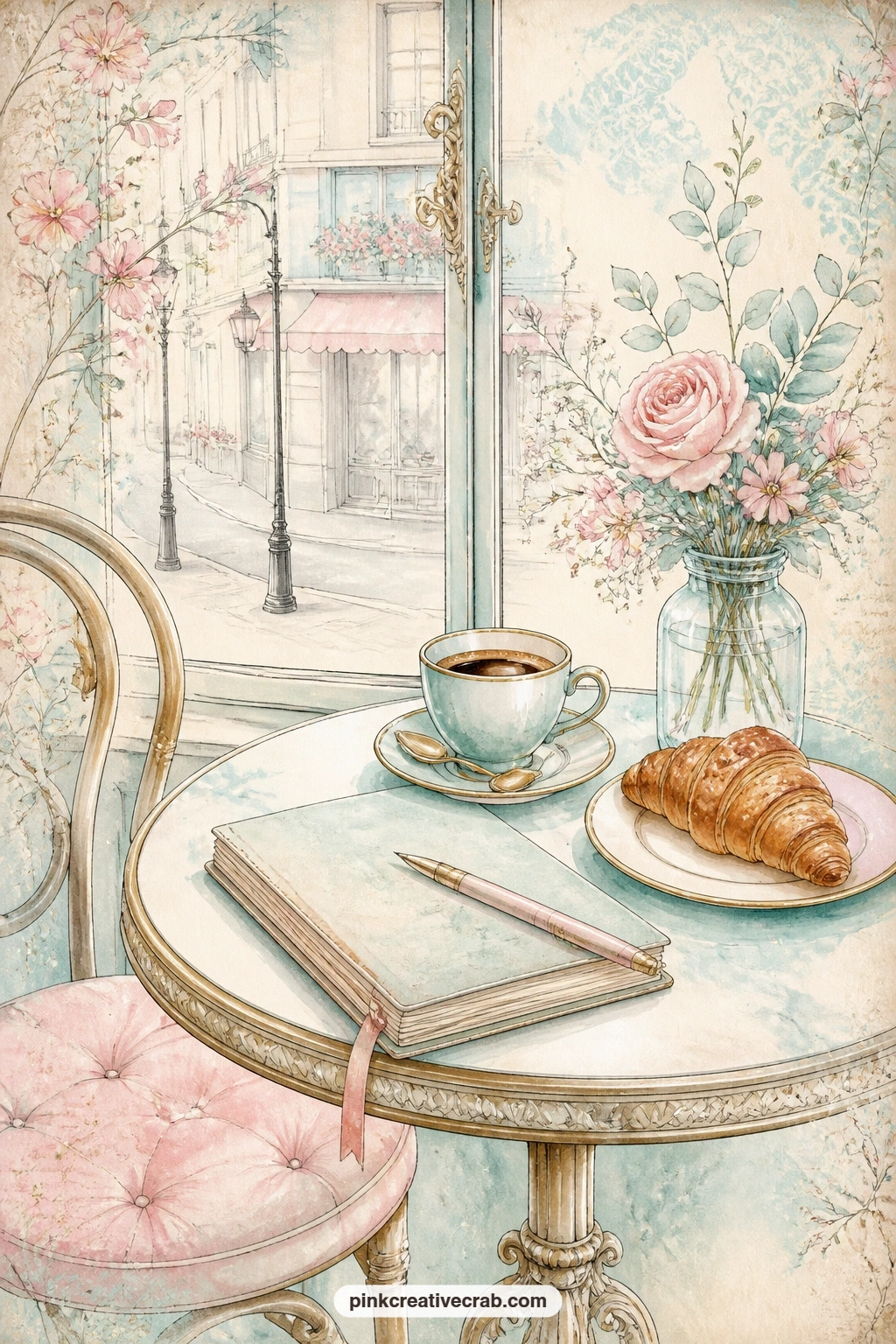 Cafe Table By The Window printable page — Try tea-staining just the bottom edge of this page before gluing it in, as if the croissant crumbs and espresso had
