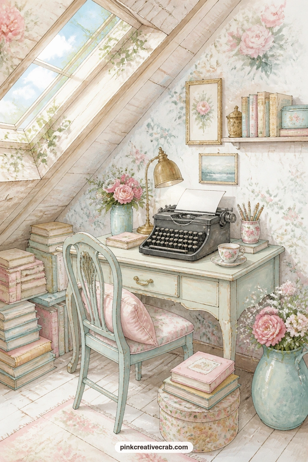 Attic Writing Nook printable page — Stacked books lean against the wall, a typewriter sits ready under the skylight, and the slanted ceiling makes this corner