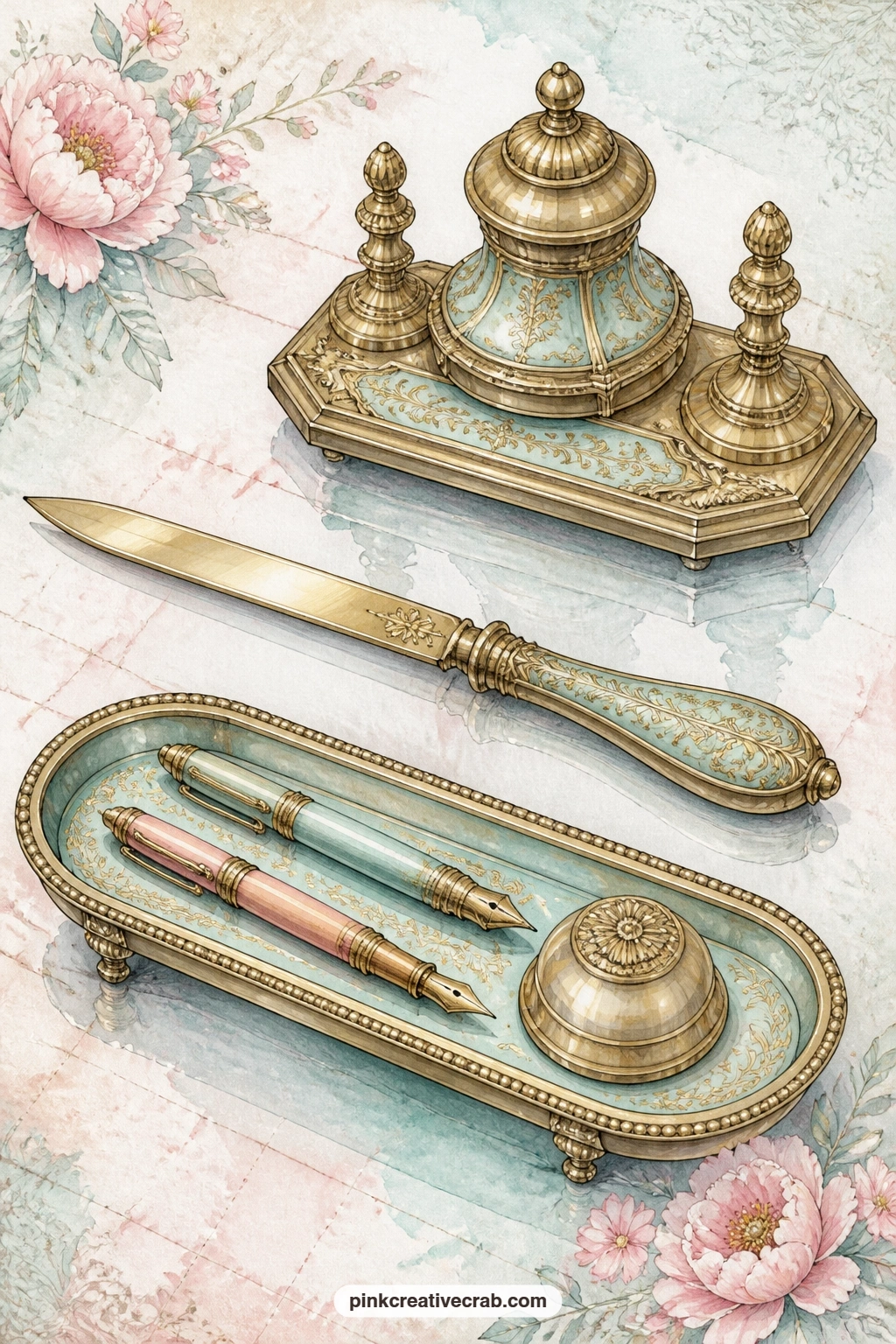Brass Desk Set printable page — Place this one opposite the roll-top desk page so the two spreads share a sense of old brass and careful order. Writer junk