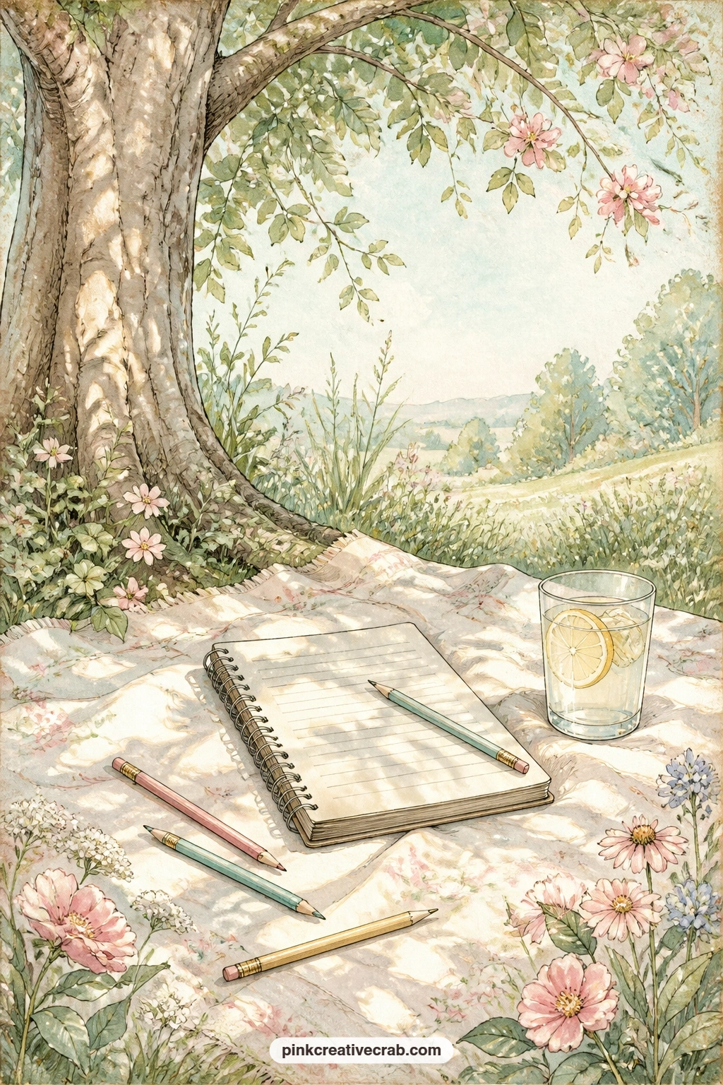 Writing Spot Under A Tree printable page — a notebook open on a blanket in dappled shade, pencils scattered beside a glass of lemonade, for the writer who
