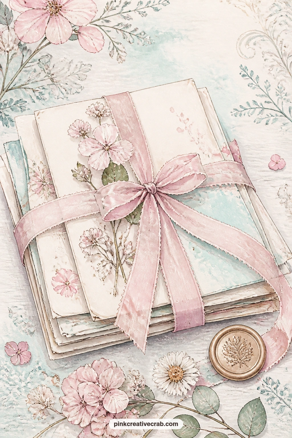 Bundle Of Folded Letters printable page — Tuck a real pressed flower behind this page if your journal allows it, or simply sketch one, since the ribbon and wax