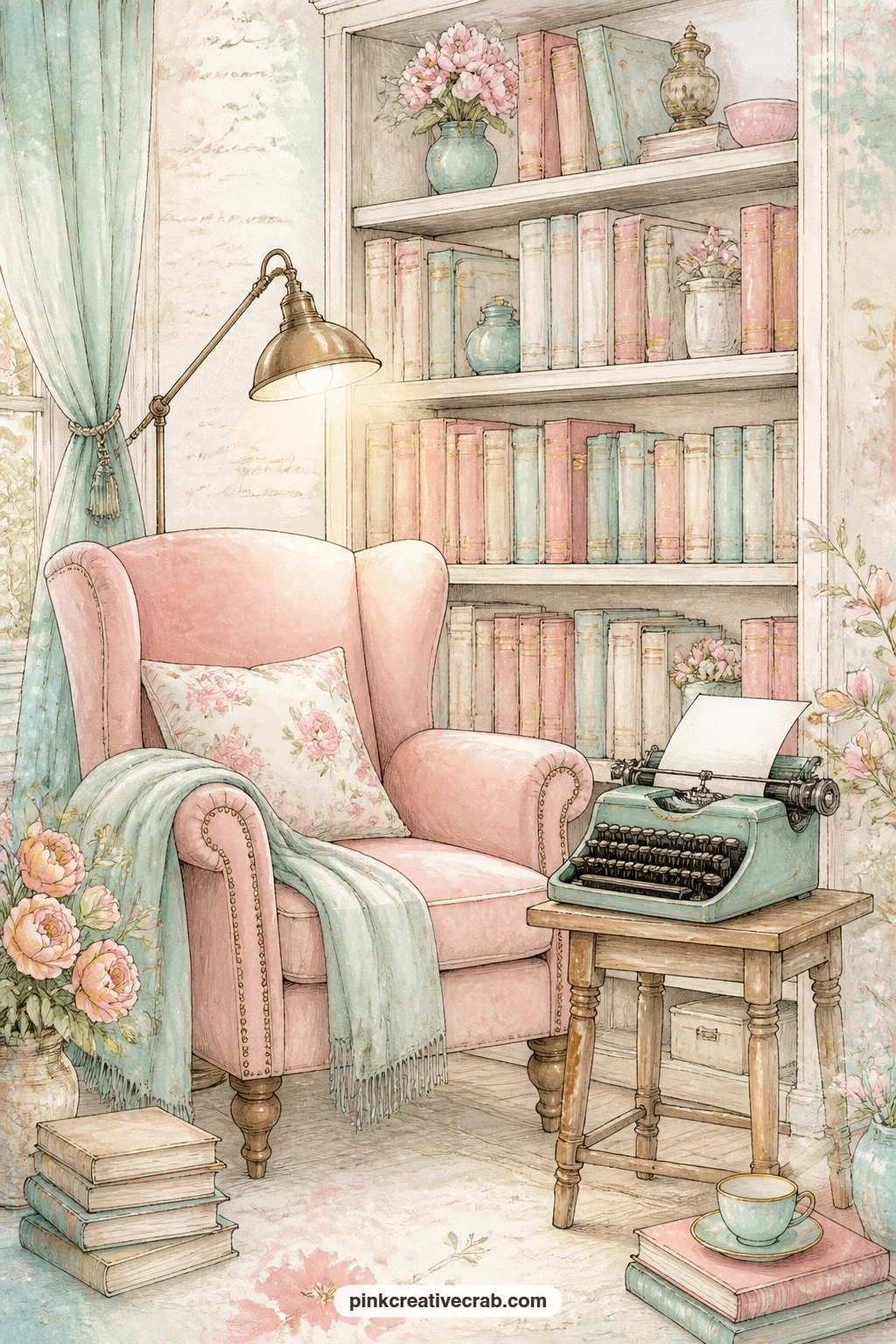 Bookshelf Reading Corner printable page — An armchair, a reading lamp and a typewriter balanced on a stool fill this bookshelf corner, the kind of spot where