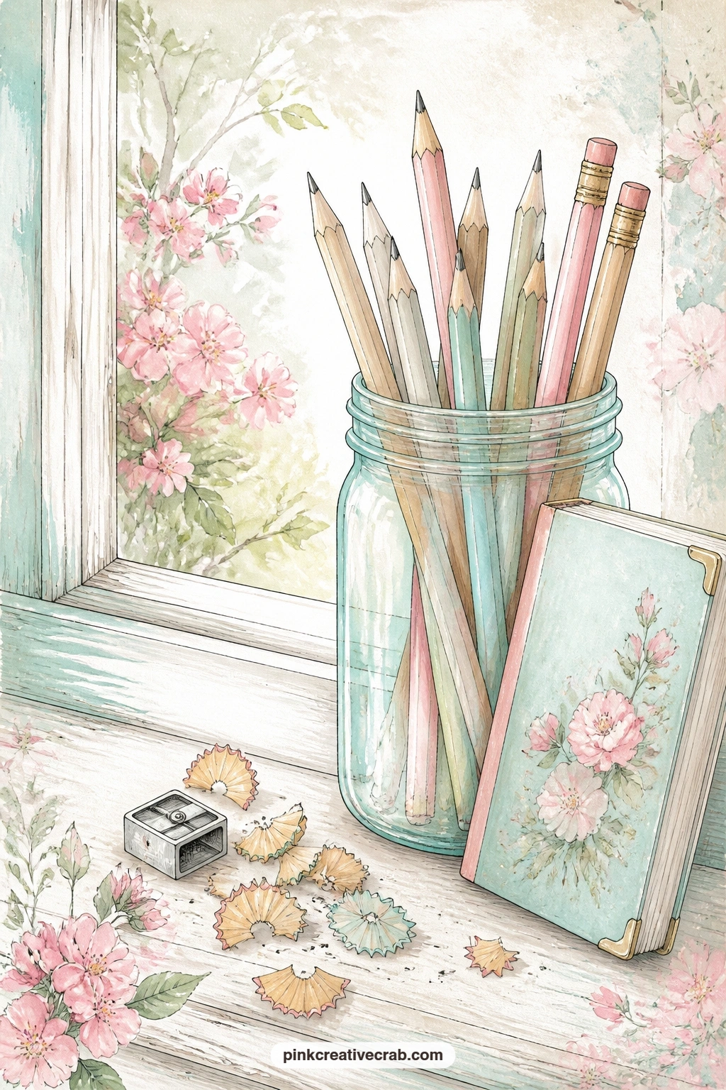 Pencils In A Jar On A Windowsill printable page — The usual slip with this page is drawing every pencil the same length. Writer junk journal