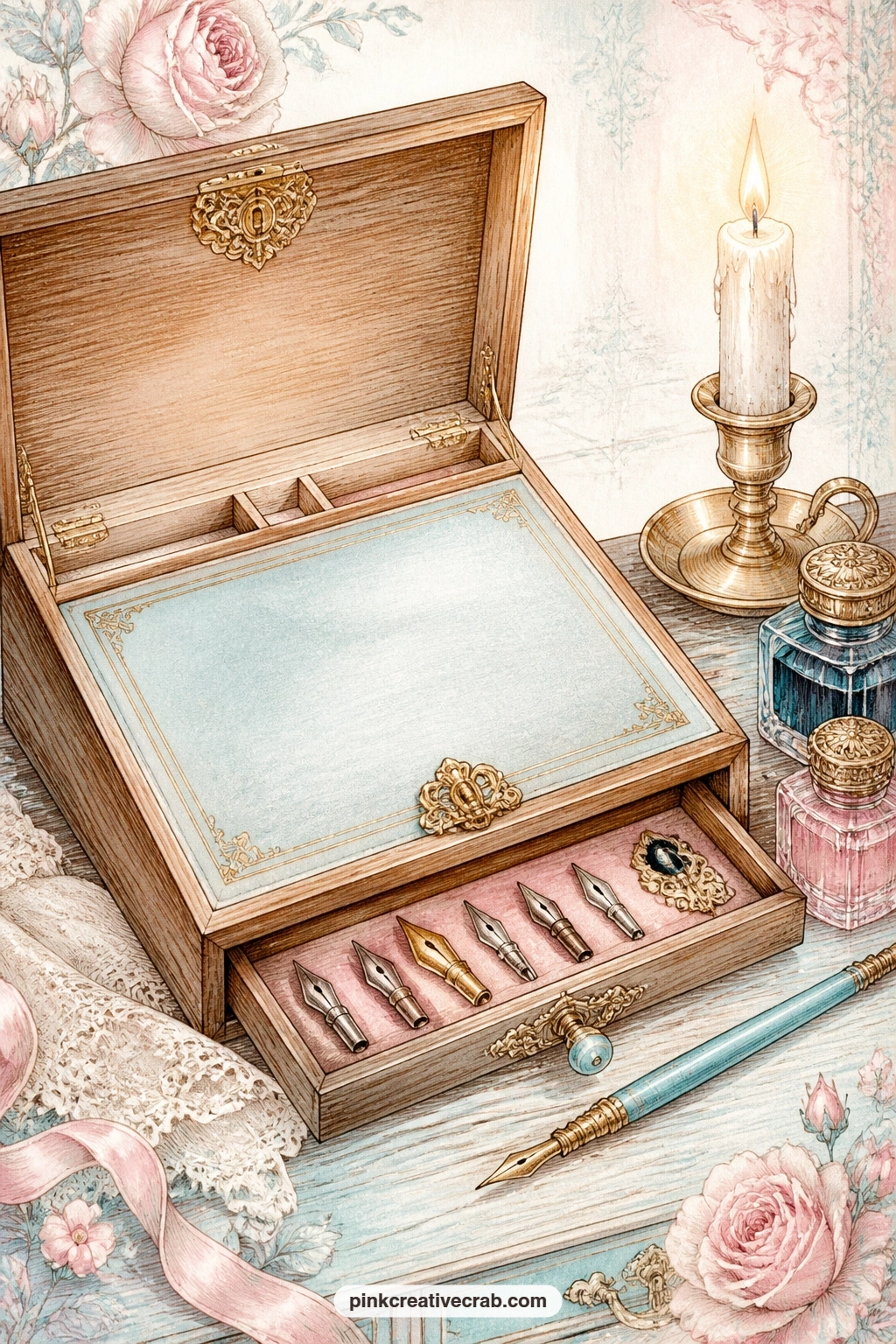 Victorian Writing Slope printable page — an open writing slope with nibs laid in their tray, two ink bottles and a lit candle, built for anyone who loves