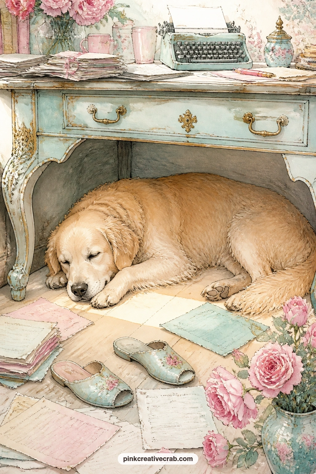 Dog Resting Under The Desk printable page — Give this page to the friend whose dog refuses to leave the study, scattered drafts and worn slippers tucked under