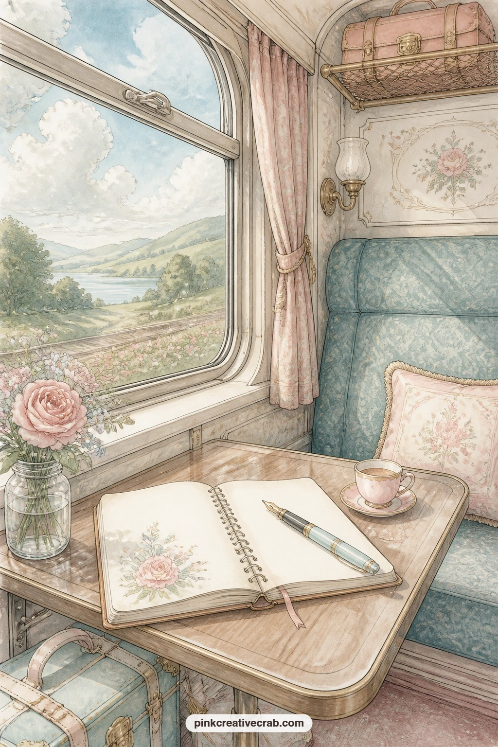 Train Compartment With A Notebook printable page — Close the scene section on motion rather than stillness, a notebook and pen ready on the little table while