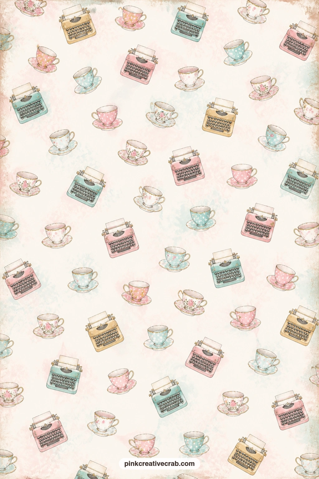Typewriter And Teacup Toss printable page — Good as a cover sheet for the whole journal, a lining behind a window page, or cut into strips for a border along a
