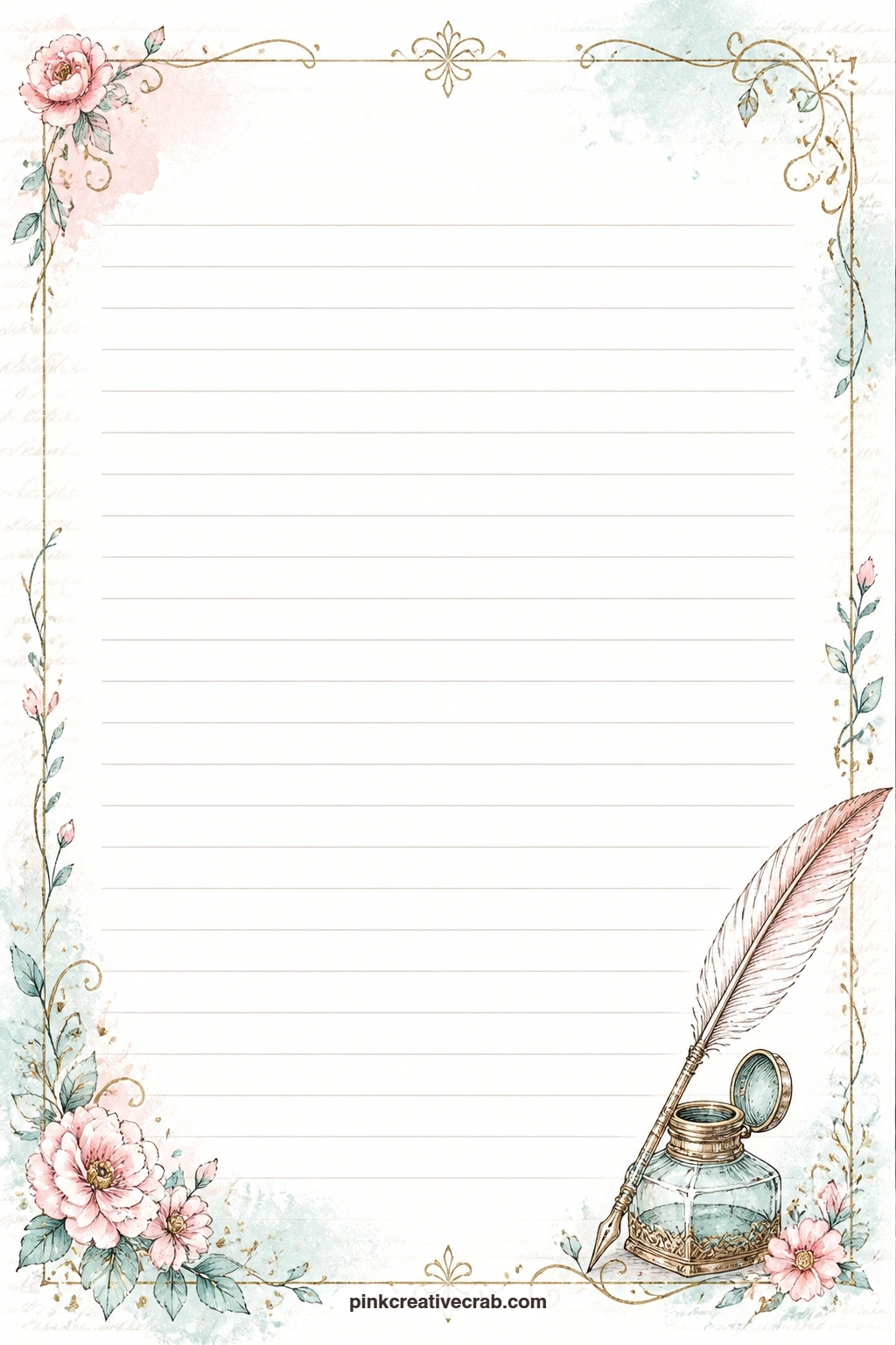 Quill And Inkwell Corner Lined Page printable page — Fits a gift list for a writer friend, a short menu for a quiet tea-and-writing afternoon, or a few lines